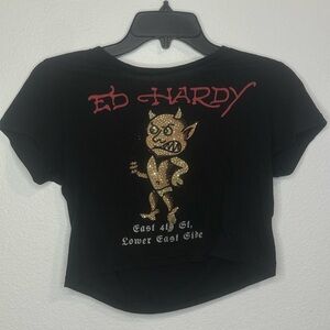 Ed Hardy Girls' Black Graphic Cropped Tee with Gold Devil